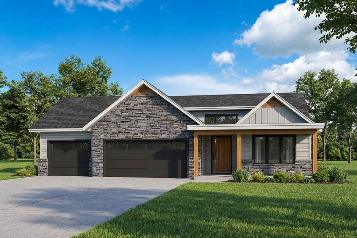 Plan image - 95372RW:New American Ranch House Plan with Split Bedrooms and 3-Car Garage