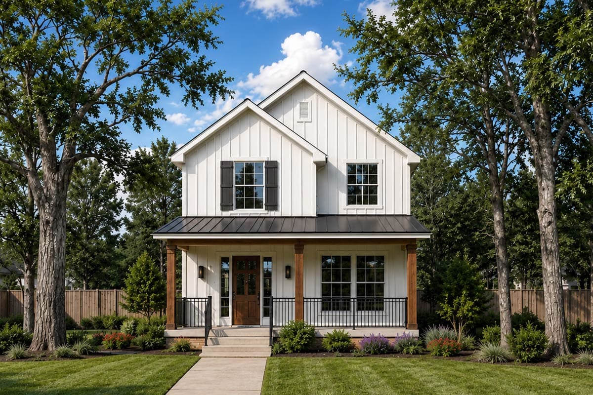Plan image - 42754DB:Charming Narrow Farmhouse Plan: 1471 sq. ft., 3 Beds, 2.5 Baths, Covered Porch