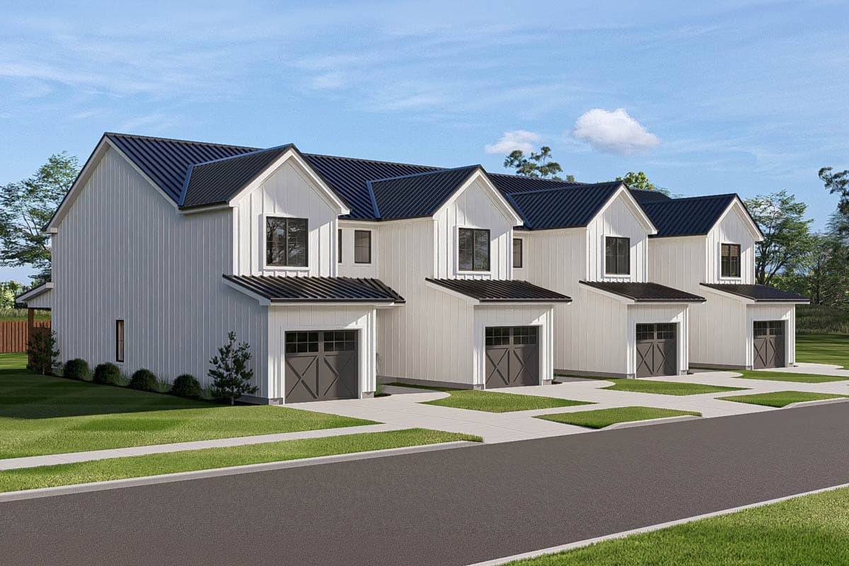 Plan 623648DJ:  Modern Farmhouse Quadplex Plan with 3-4 Bedrooms and Covered Porch - Image #2 - Farmhouse, Modern Farmhouse, Traditional
