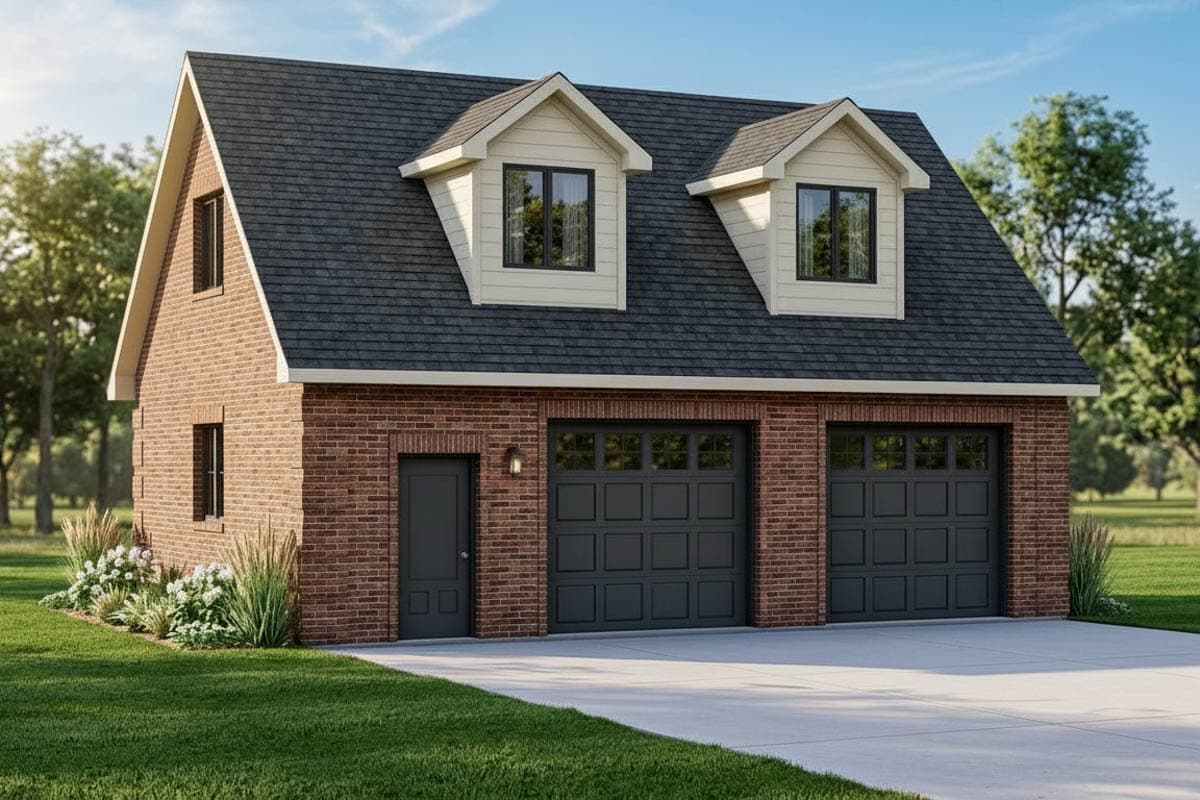 House plan exterior of a two-car garage with brick facade, dark gray doors, and two dormers.