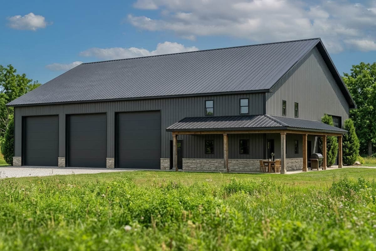 House plan exterior: Two-story modern barn with three garage doors, stone accents, and covered porch with wood posts.