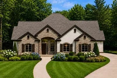 European Traditional House Plan with Main Floor Master Suites and Study