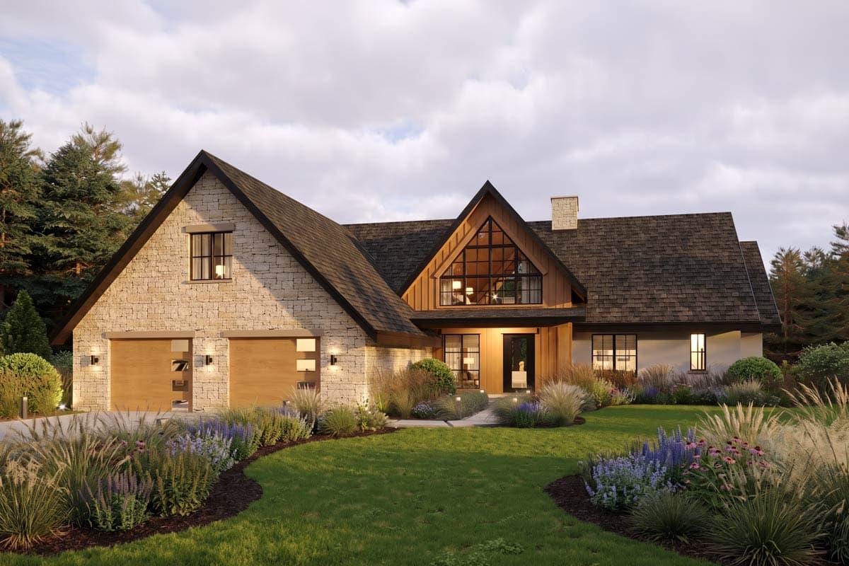 Modern house plan exterior with stone facade, two-car garage, large gable window, and covered entryway.