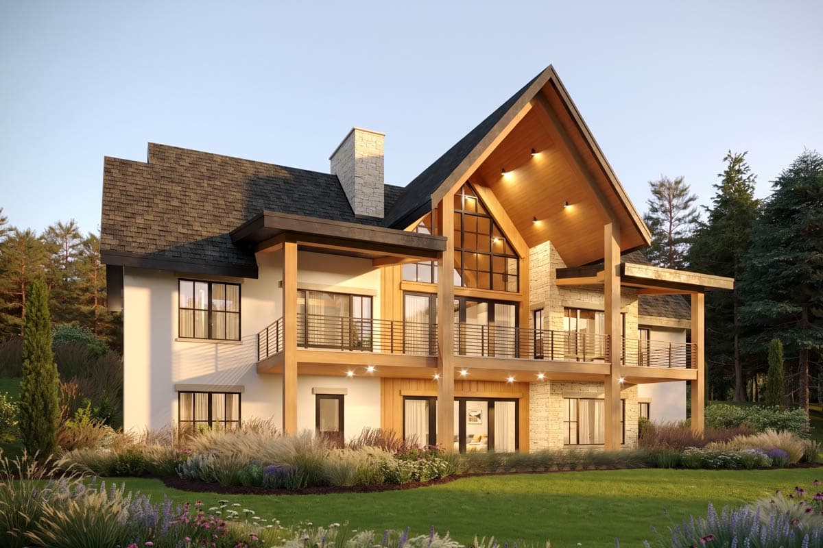 House plan exterior featuring a Modern style, multiple stories, stone chimney, large A-frame window, and wrap-around balconies.