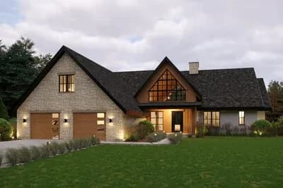 Modern Mountain Farmhouse House Plan with Primary Suite and Two-Car Garage