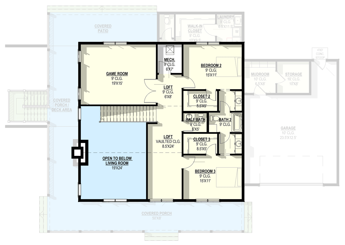 Plan 405169FDC: Modern Farmhouse House Plan with 3 Bedrooms and Vaulted Great Room - Floor Plan - 2nd Level - Farmhouse, Modern Farmhouse, New American