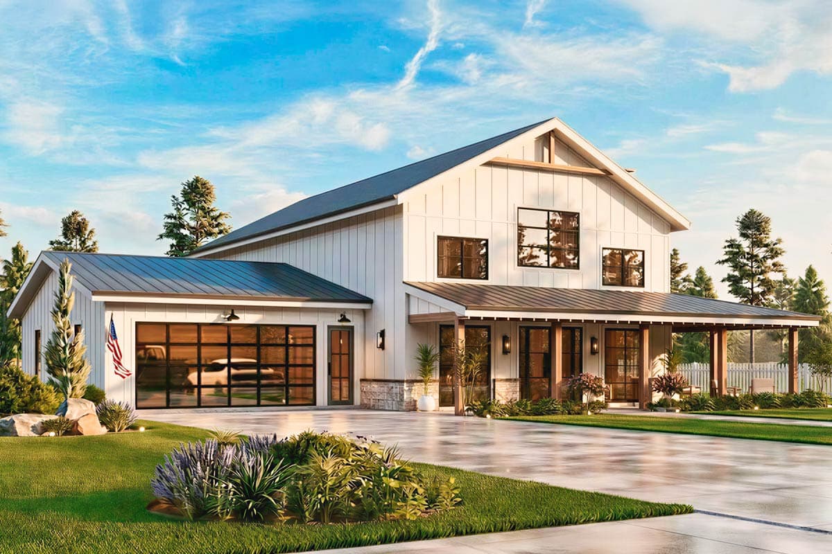 Plan 25959GE: Modern Farmhouse Barndominium House Plan with Wraparound Porch and Workshop - Image #3 - Barndominium, Country, Farmhouse, Modern Farmhouse, New American