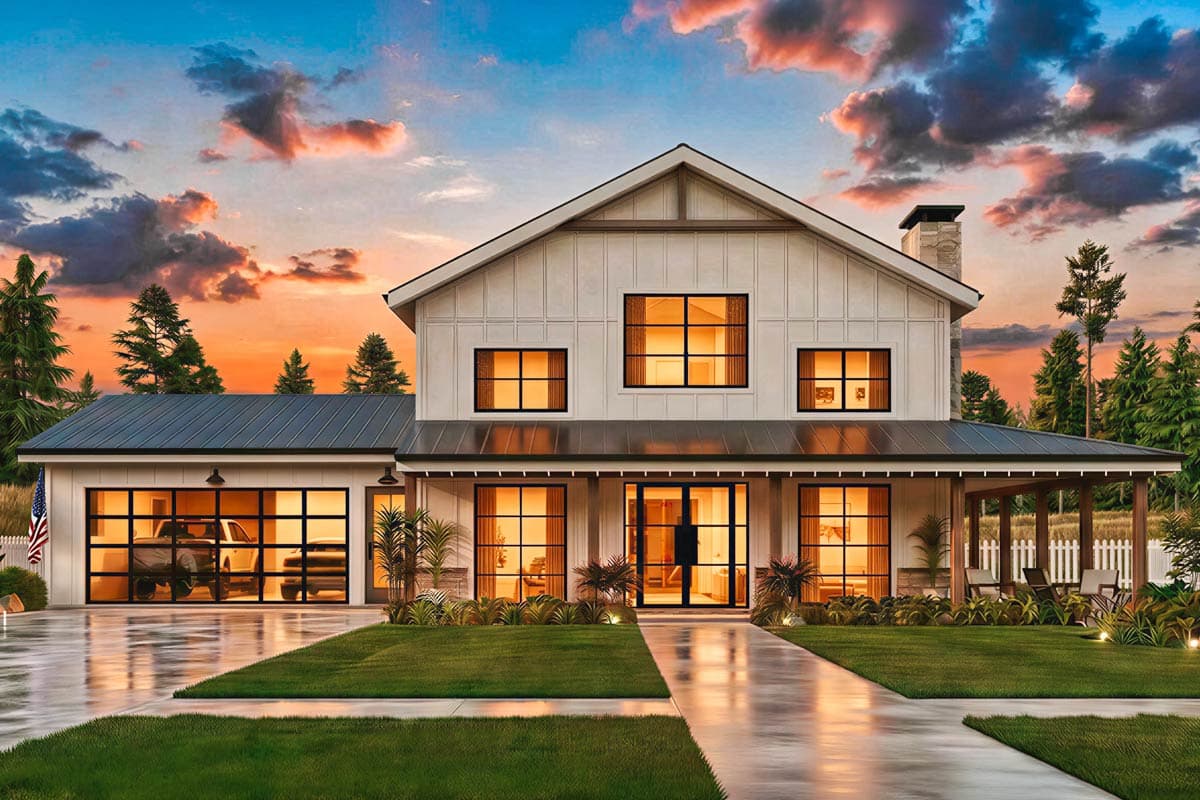 Plan 25959GE: Modern Farmhouse Barndominium House Plan with Wraparound Porch and Workshop - Image #4 - Barndominium, Country, Farmhouse, Modern Farmhouse, New American