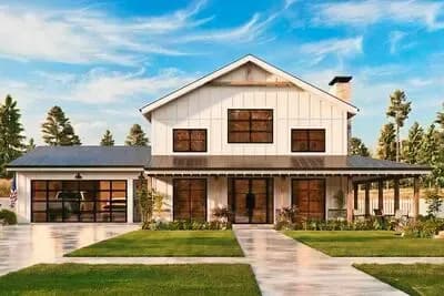 Modern Farmhouse Barndominium House Plan with Wraparound Porch and Workshop