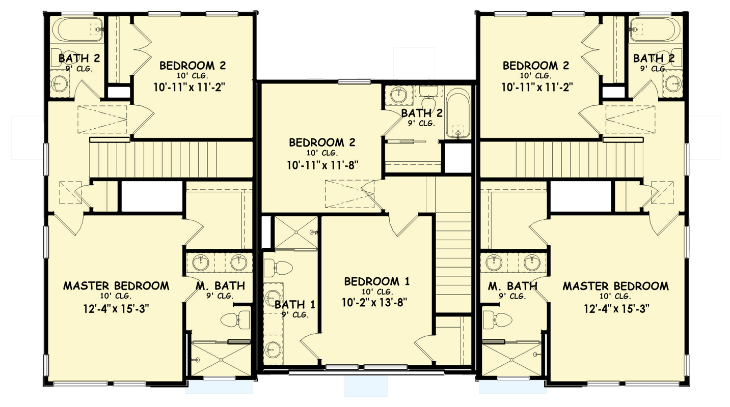 Plan 100373GHR: Contemporary Triplex House Plan Featuring Three Distinct Modern Living Units - Floor Plan - 2nd Level - Contemporary, Modern