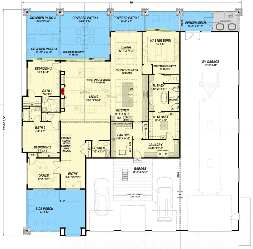 Plan 64570SC: Modern Mountain House Plan with RV Garage and Vaulted Living Room - Floor Plan - Image #7 - Craftsman, Farmhouse, Modern Farmhouse, Mountain, Rustic
