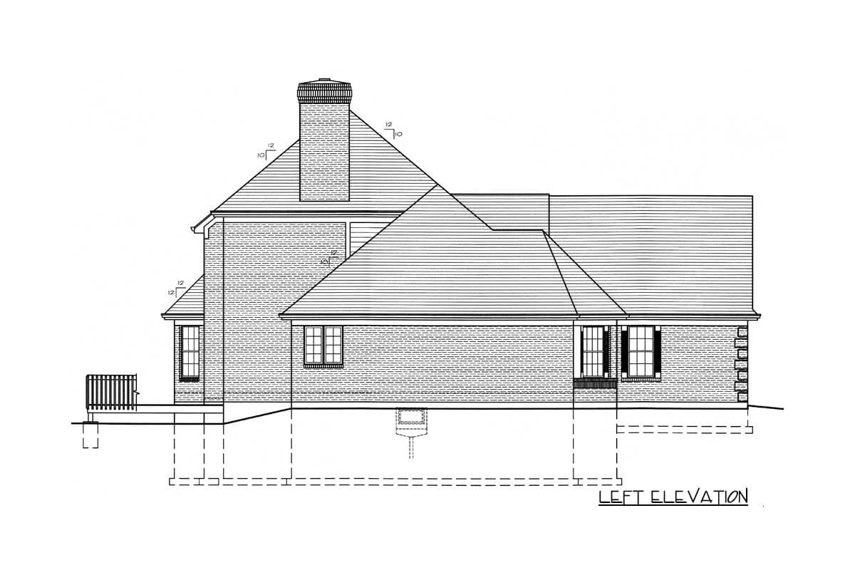 House plan left elevation drawing showing brick exterior, pitched roof, prominent chimney, and windows.