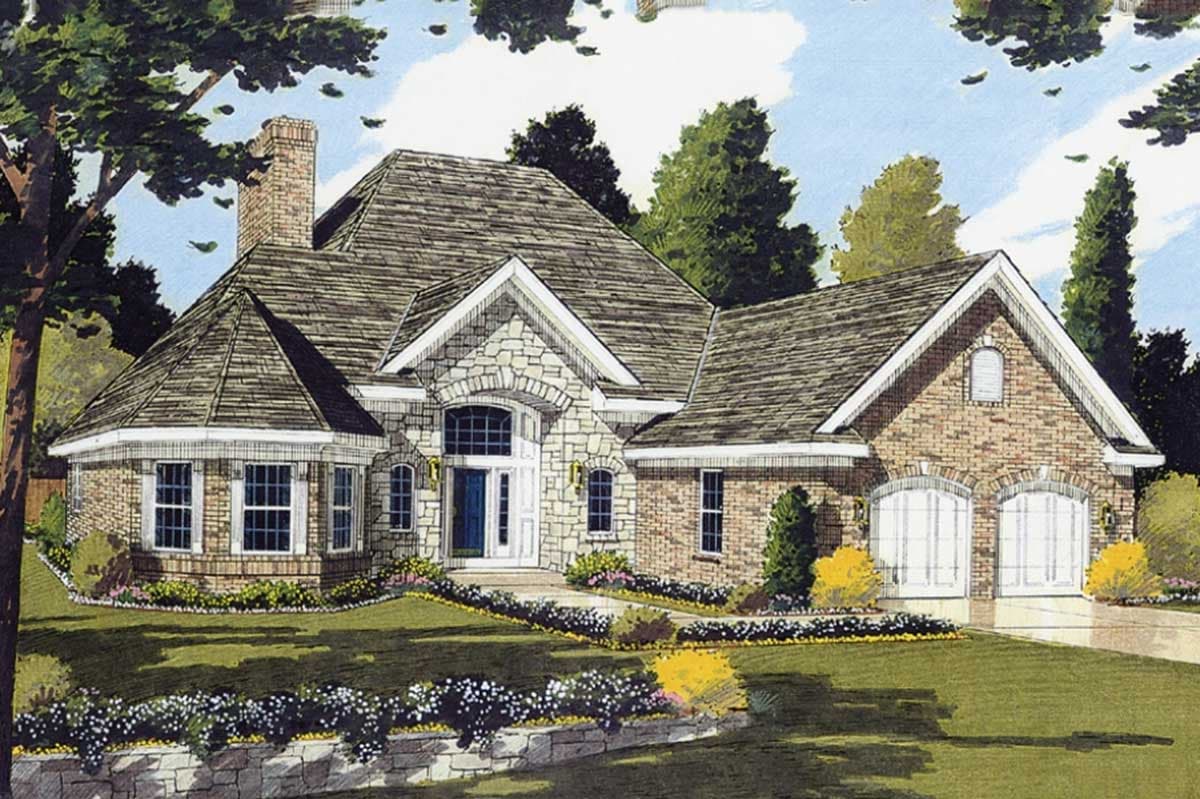 House plan exterior of a one-story home featuring a prominent stone entrance, brick facade, multi-gabled roof, and a side-facing three-car garage.