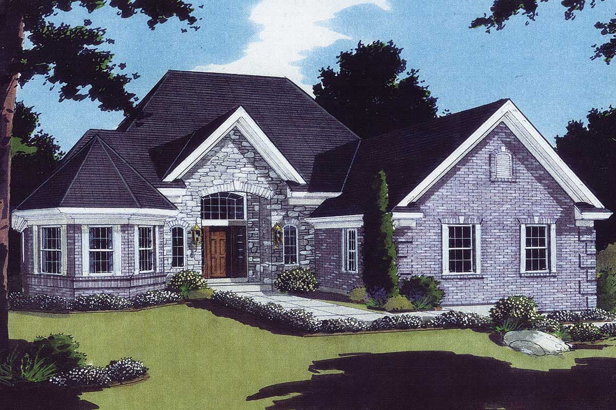 House plan exterior of a multi-level home with stone and brick facade, arched entryway, bay window, and prominent gables.