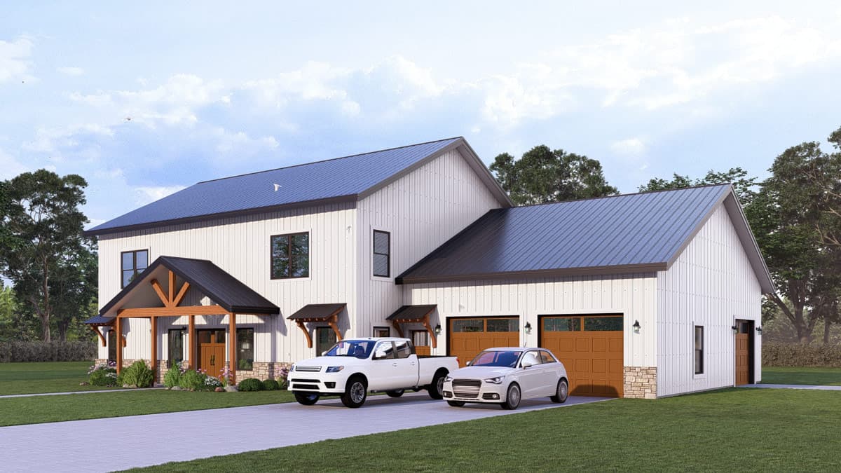 Plan 405173FDC: Modern Farmhouse Barndominium House Plan with Three Bedrooms and Three-Car Garage - Image #2 - Barndominium, Farmhouse