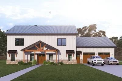 Modern Farmhouse Barndominium House Plan with Three Bedrooms and Three-Car Garage