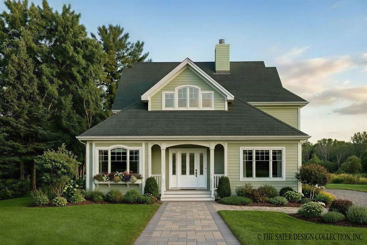 House plan exterior: Two-story Modern Farmhouse with a gabled dormer, covered entry porch, and arched window.