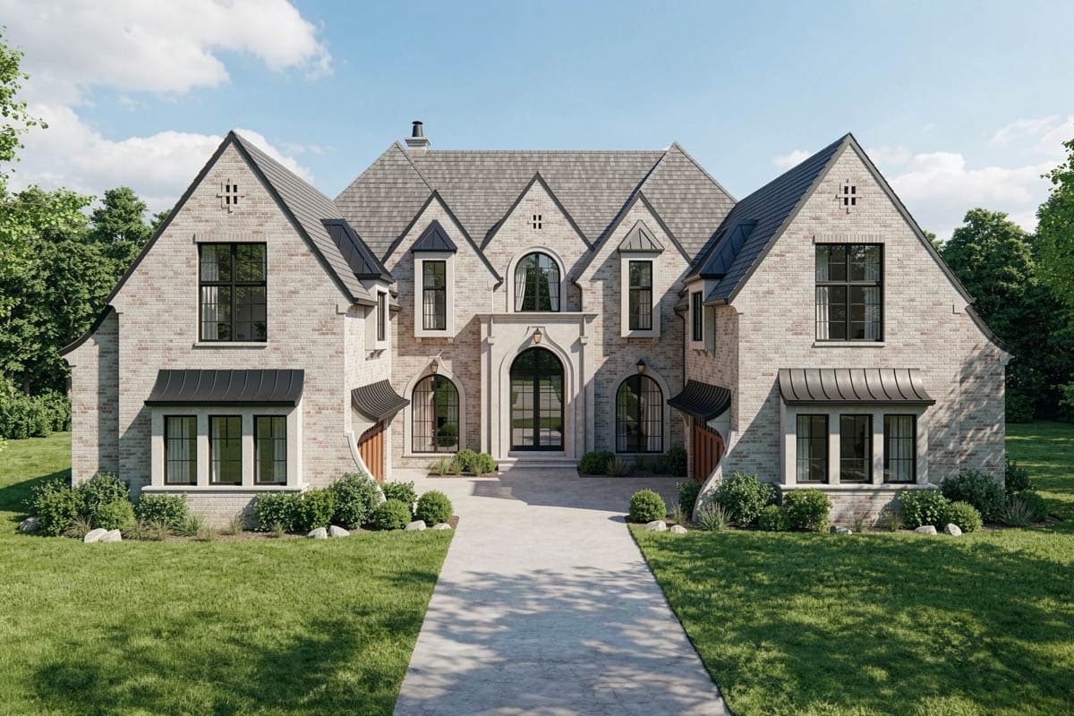 Plan 93235EL: European Transitional Luxury House Plan with Six Bedrooms and Courtyard - Image #1 - European, Transitional