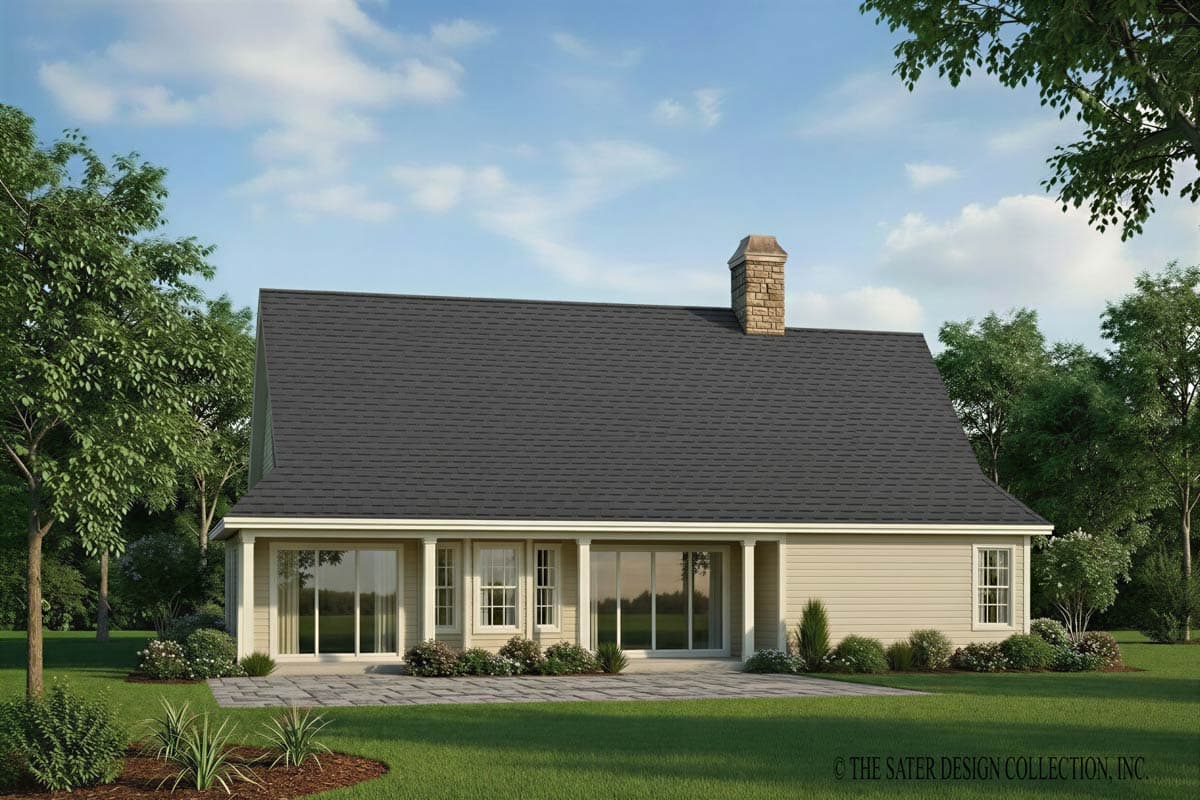 House plan exterior, one story, with covered porch, large windows, and stone chimney.