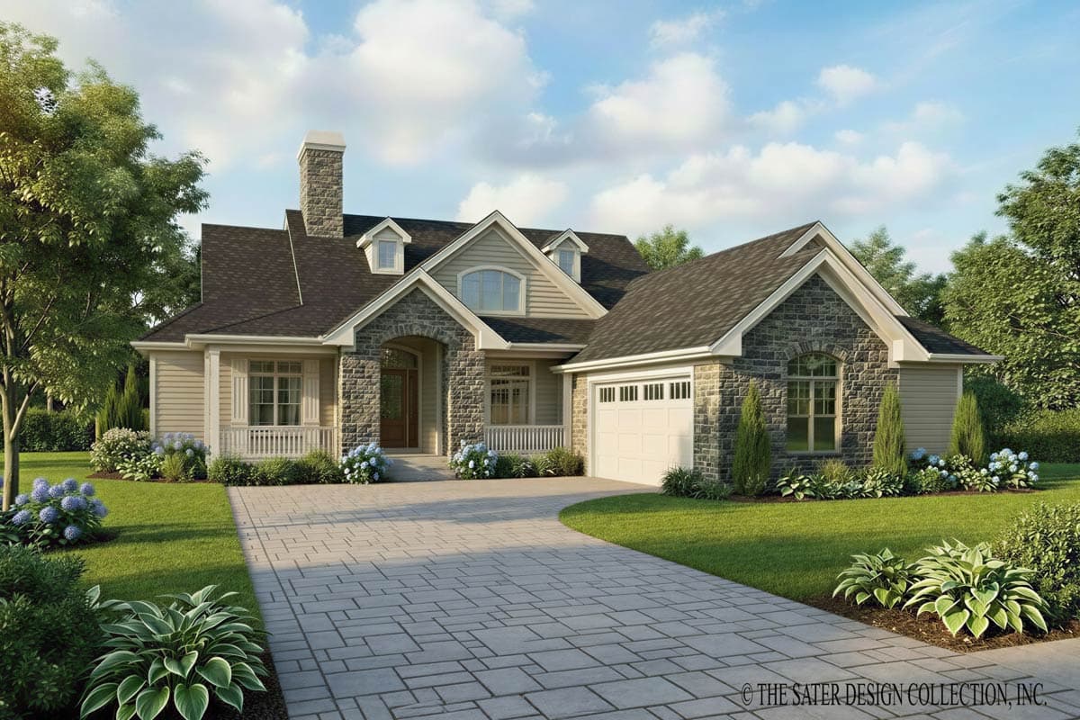 House plan exterior: Two-story Modern Farmhouse with stone accents, covered porch, dormers, and attached garage.