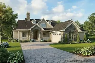 Cottage House Plan with Split Bedrooms and Two-Car Garage