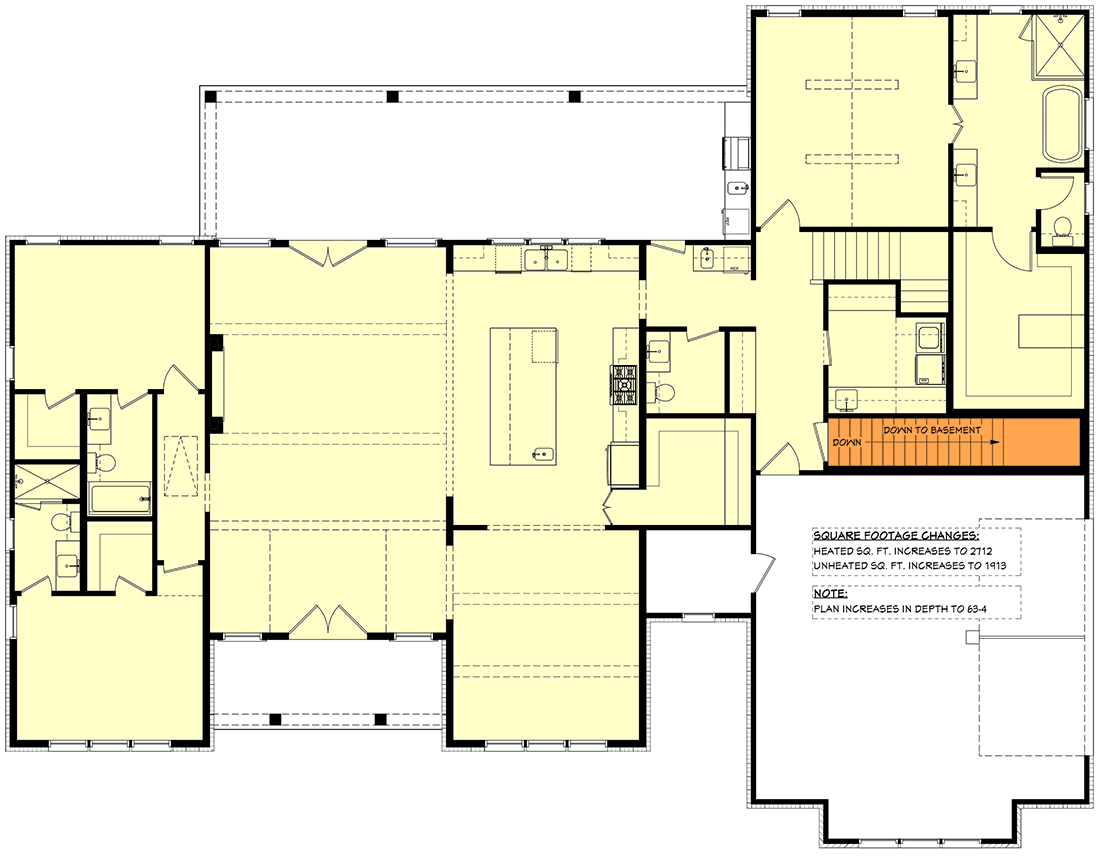 Plan 52045HZ: Modern Farmhouse House Plan with 3 Bedrooms and Vaulted Great Room - Floor Plan - Basement Stairs Location - Modern Farmhouse, Traditional, Transitional