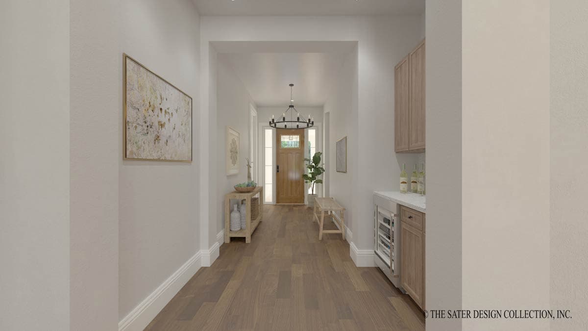 Entryway with wood-paneled door, chandelier, console table, built-in cabinets, and wine fridge.