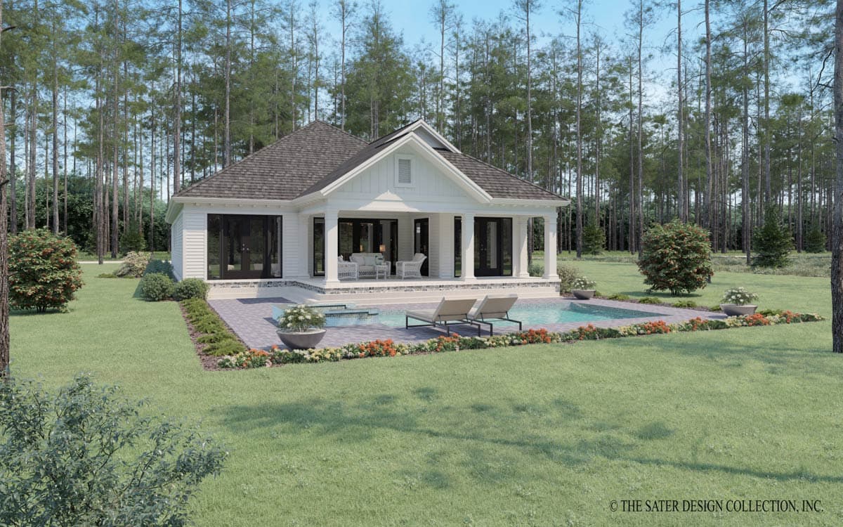 House plan exterior: one-story Modern Farmhouse with covered porch, gables, and wide eaves.
