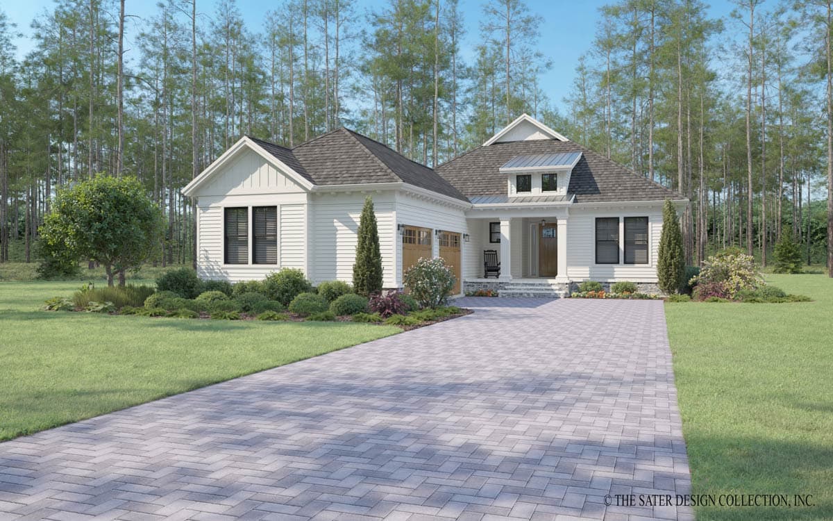 Modern Farmhouse house plan exterior with white siding, metal roof dormer, covered porch, and two-car garage.