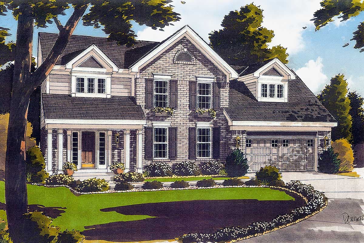 House plan exterior: Two-story home with brick facade, front porch, gables, dormers, and attached two-car garage.