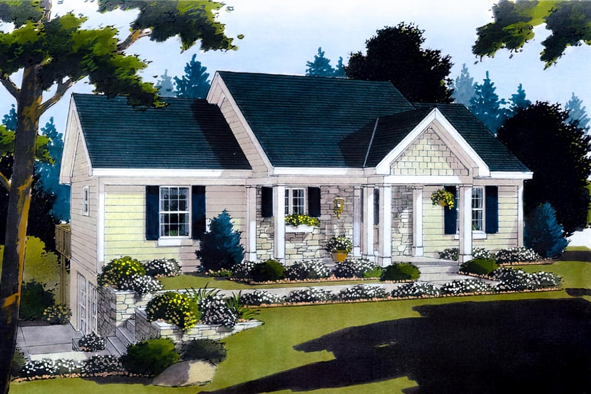 House plan exterior: Ranch style, one story, featuring a covered front porch with stone accents, gables, and dormers.