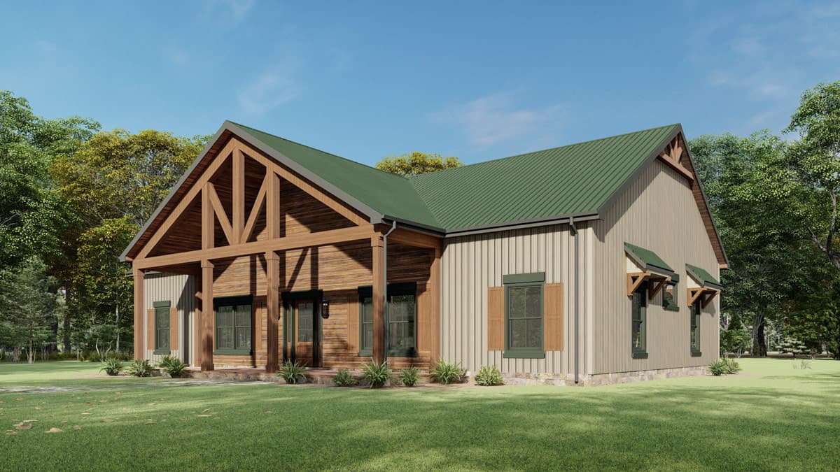 Plan 777075MTL: Rustic Barndominium House Plan with 3 Bedrooms and Vaulted Great Room - Image #2 - Barndominium, Mountain, Rustic
