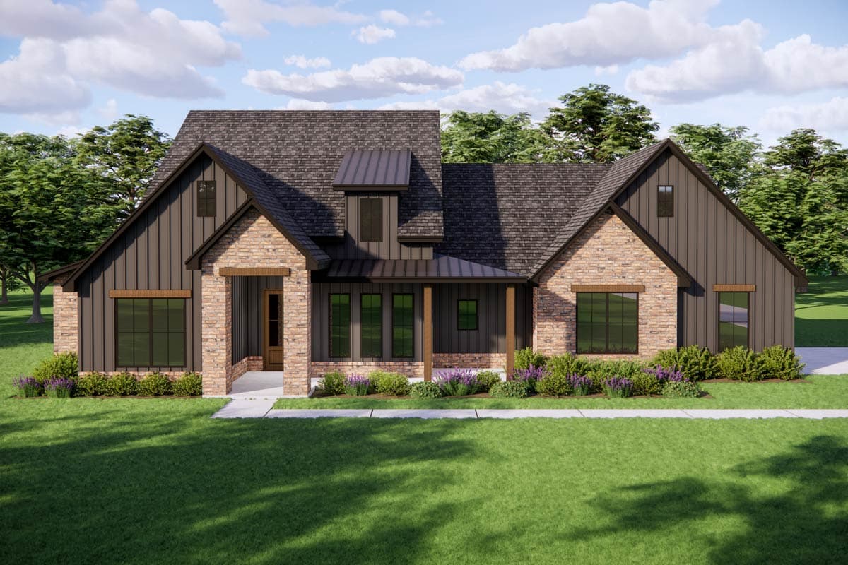 Plan 880001HLN: Modern Transitional Farmhouse House Plan with 4 Bedrooms and Side Entry Garage - Image #2 - Country, Modern Farmhouse, New American, Rustic, Transitional