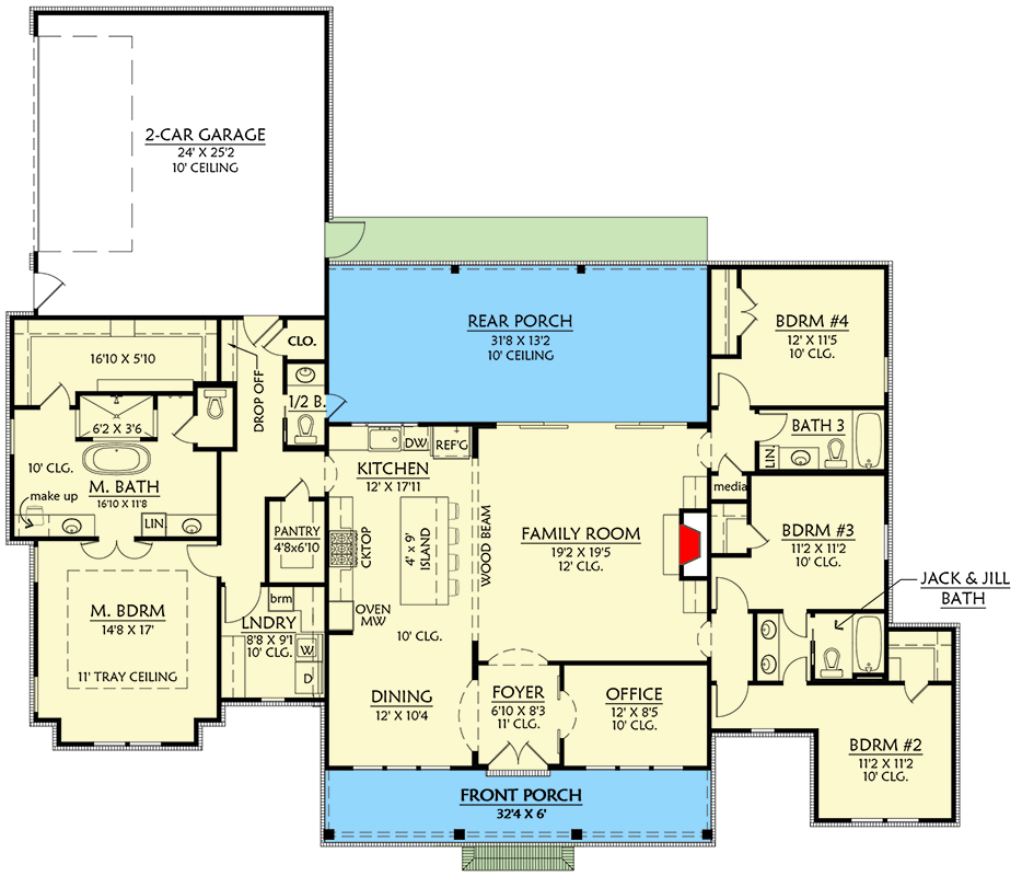 Plan 56573SM: Modern Farmhouse House Plan with 4 Bedrooms and Split Bedroom Layout - Floor Plan - Image #5 - Country, Farmhouse, Modern Farmhouse, New American, Southern