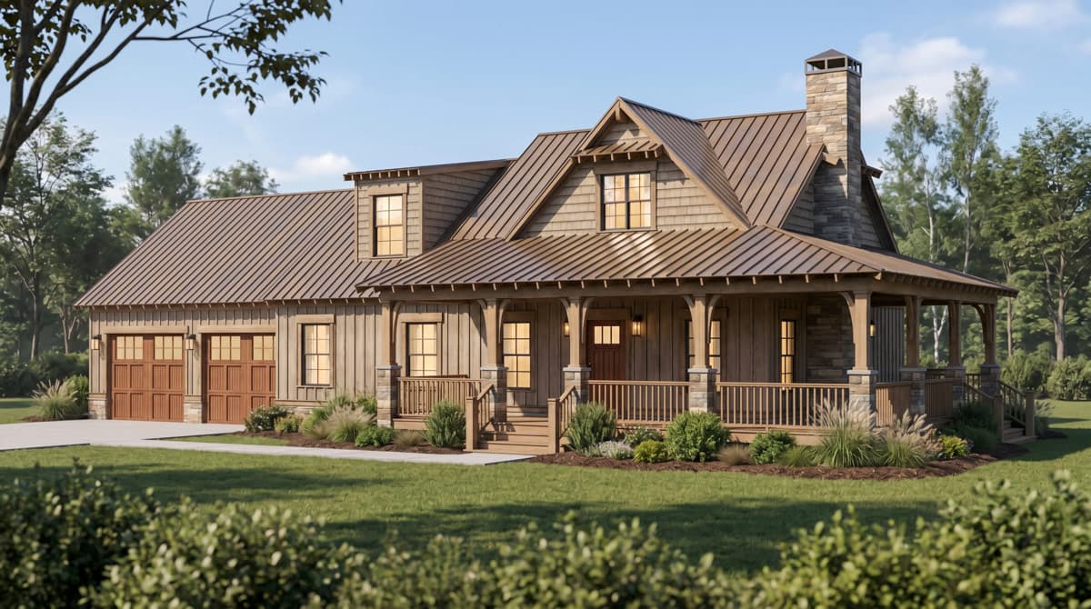 Plan 70973MK: Two-Bedroom Rustic Farmhouse House Plan with Two-Story Great Room and Wrap-Around Porch - Image #3 - Farmhouse, Rustic