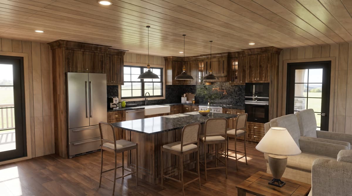 Plan 70973MK: Two-Bedroom Rustic Farmhouse House Plan with Two-Story Great Room and Wrap-Around Porch - Image #5 - Farmhouse, Rustic