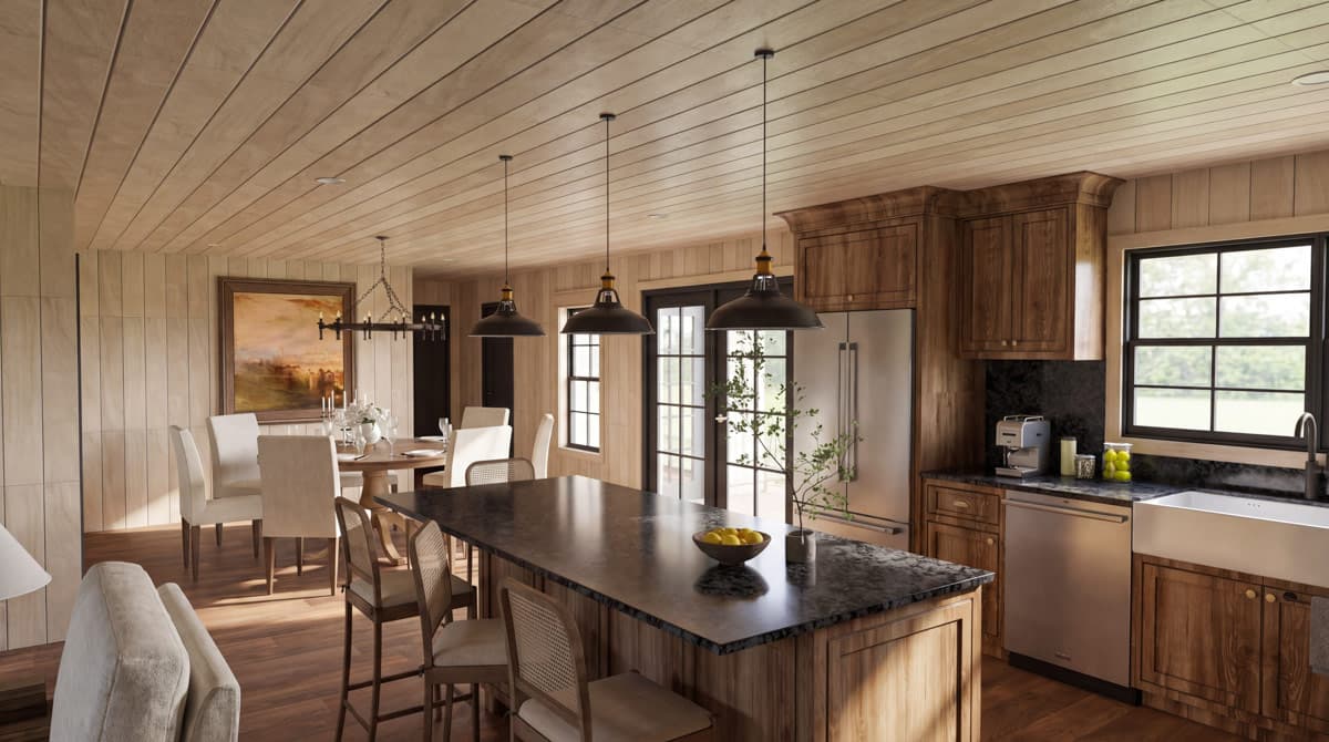 Plan 70973MK: Two-Bedroom Rustic Farmhouse House Plan with Two-Story Great Room and Wrap-Around Porch - Image #4 - Farmhouse, Rustic