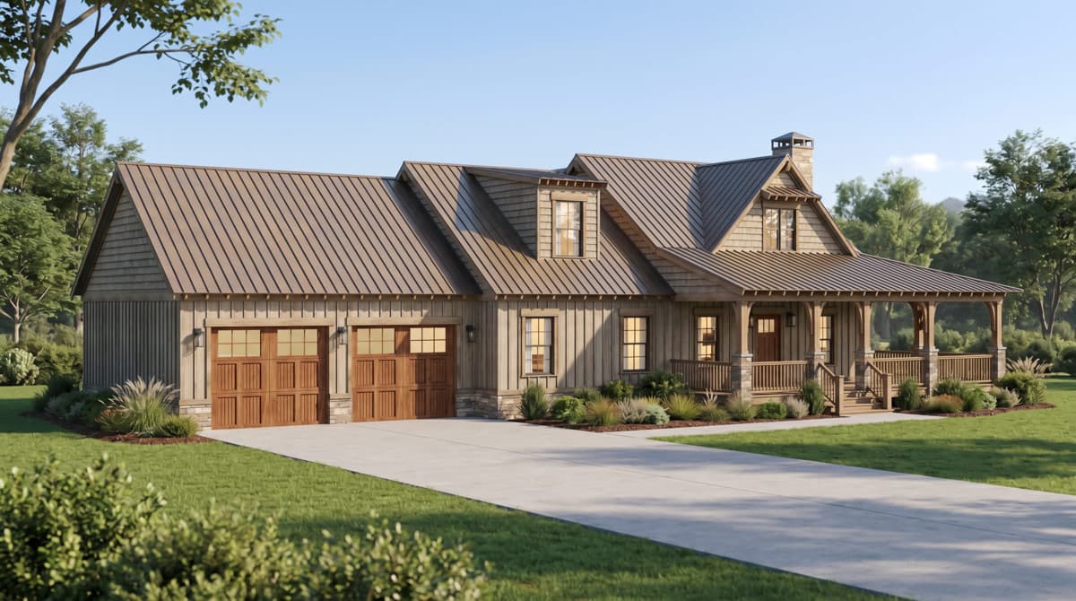 Plan 70973MK: Two-Bedroom Rustic Farmhouse House Plan with Two-Story Great Room and Wrap-Around Porch - Image #2 - Farmhouse, Rustic