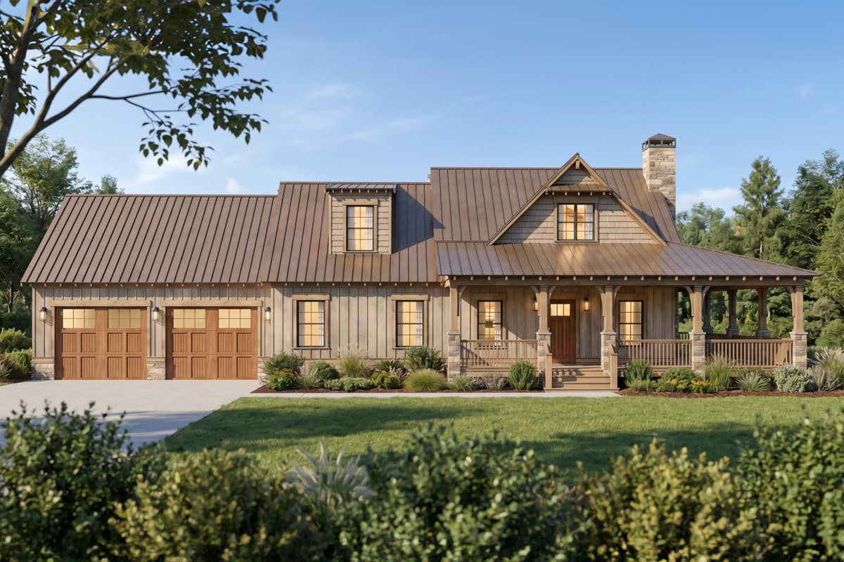 Plan image - 70973MK:Two-Bedroom Rustic Farmhouse House Plan with Two-Story Great Room and Wrap-Around Porch