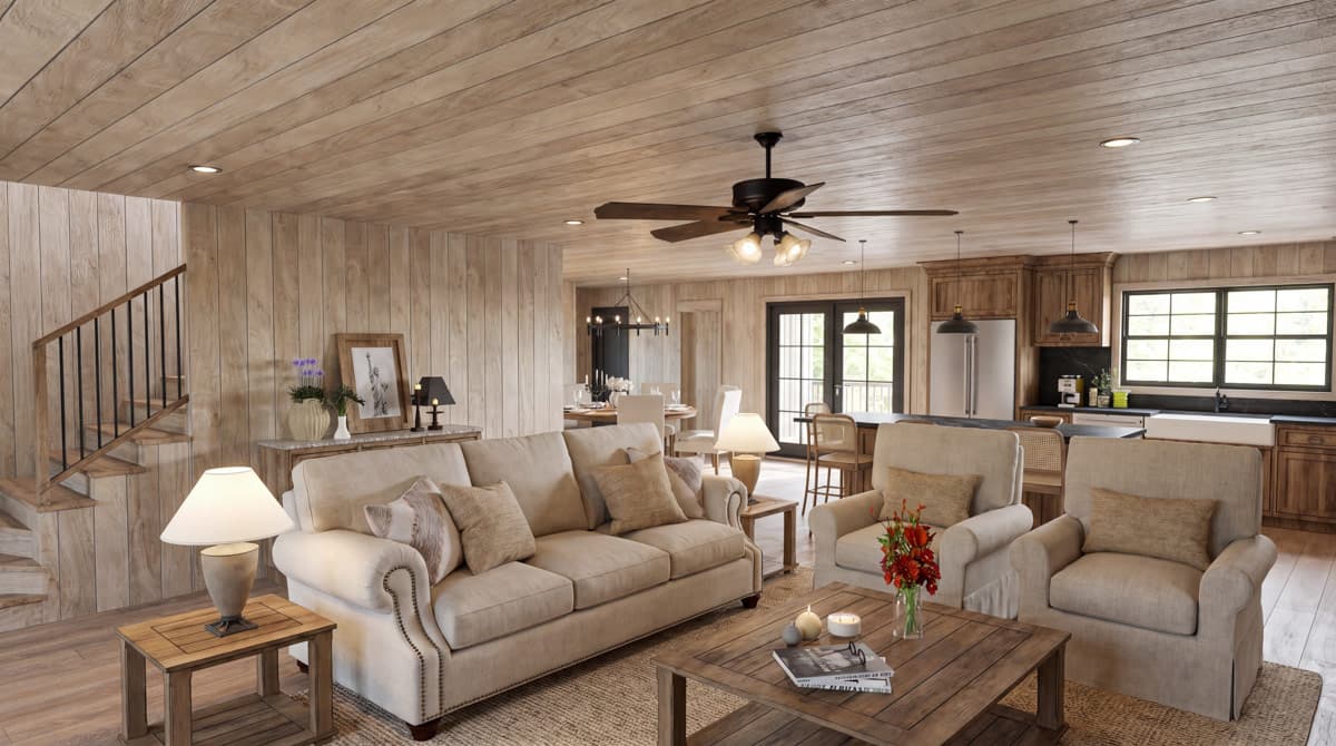 Plan 70973MK: Two-Bedroom Rustic Farmhouse House Plan with Two-Story Great Room and Wrap-Around Porch - Image #9 - Farmhouse, Rustic