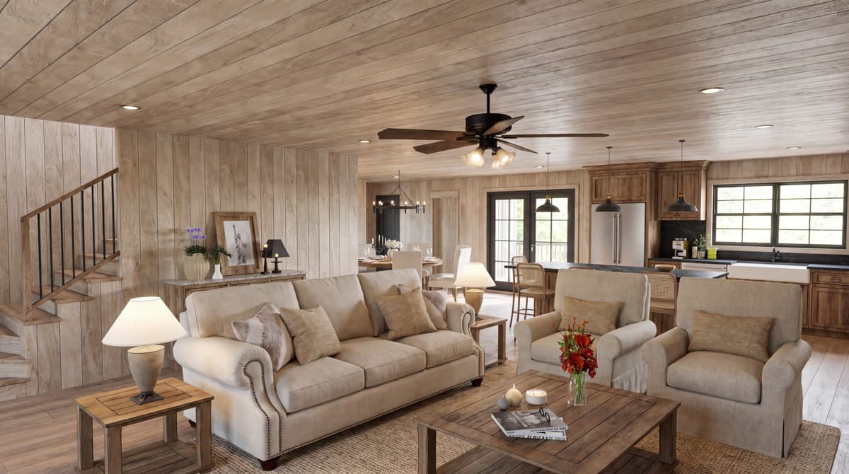 Plan 70973MK: Two-Bedroom Rustic Farmhouse House Plan with Two-Story Great Room and Wrap-Around Porch - Image #6 - Farmhouse, Rustic