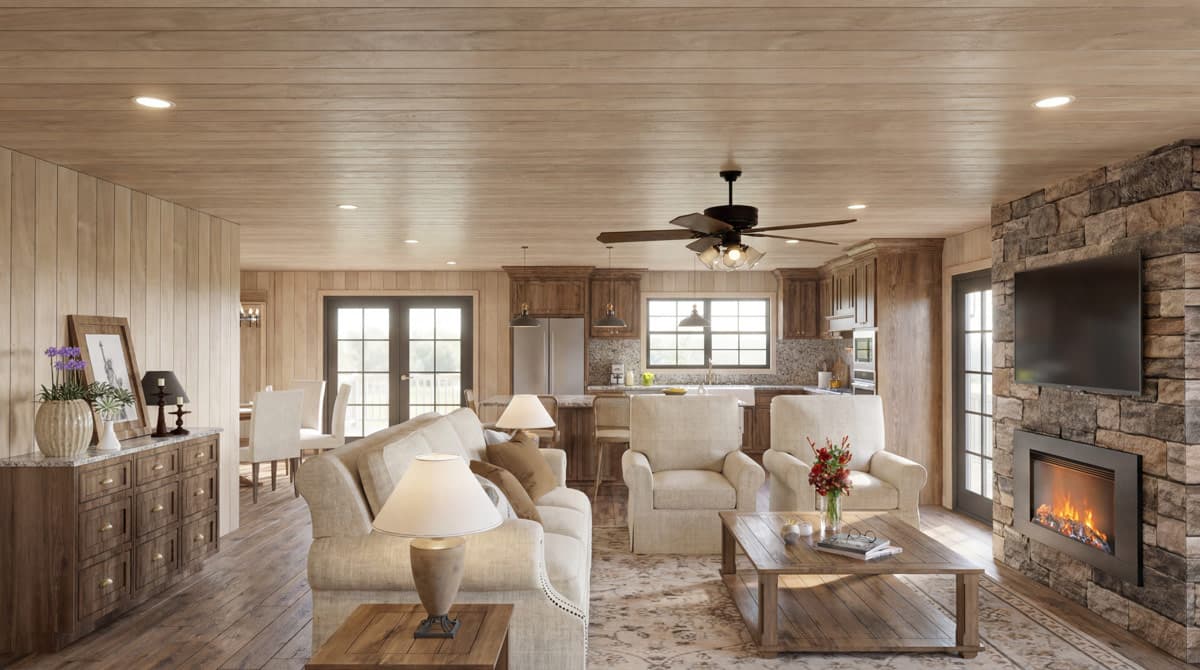 Plan 70973MK: Two-Bedroom Rustic Farmhouse House Plan with Two-Story Great Room and Wrap-Around Porch - Image #7 - Farmhouse, Rustic