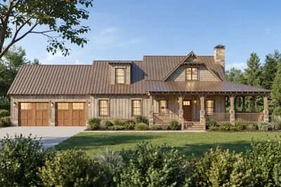 Two-Bedroom Rustic Farmhouse House Plan with Two-Story Great Room and Wrap-Around Porch
