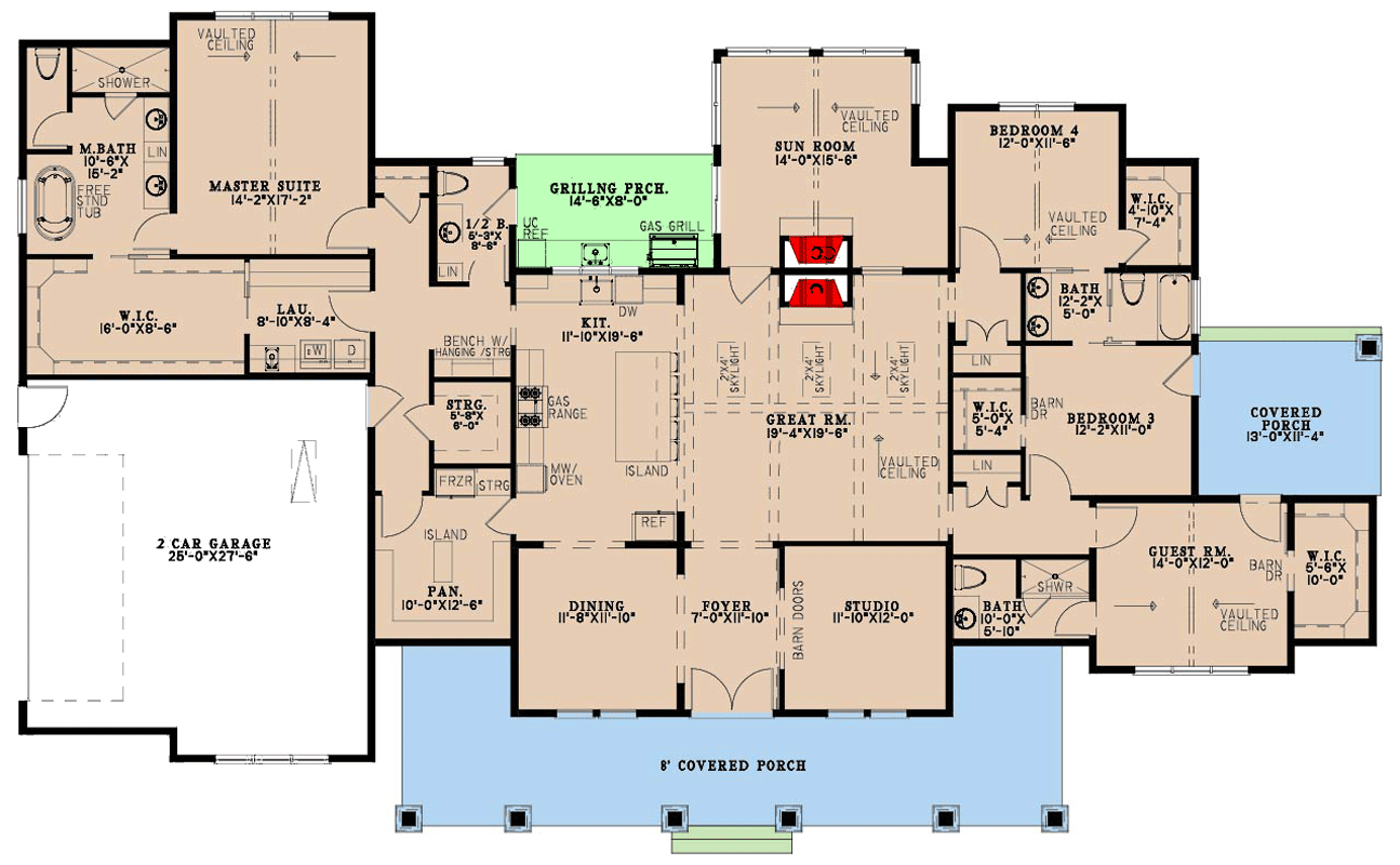 Plan 70974MK: Four Bedroom Farmhouse House Plan with Master Suite and Study - Floor Plan - Main Level - Farmhouse, Modern Farmhouse, New American
