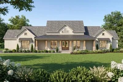 Four Bedroom Farmhouse House Plan with Master Suite and Study