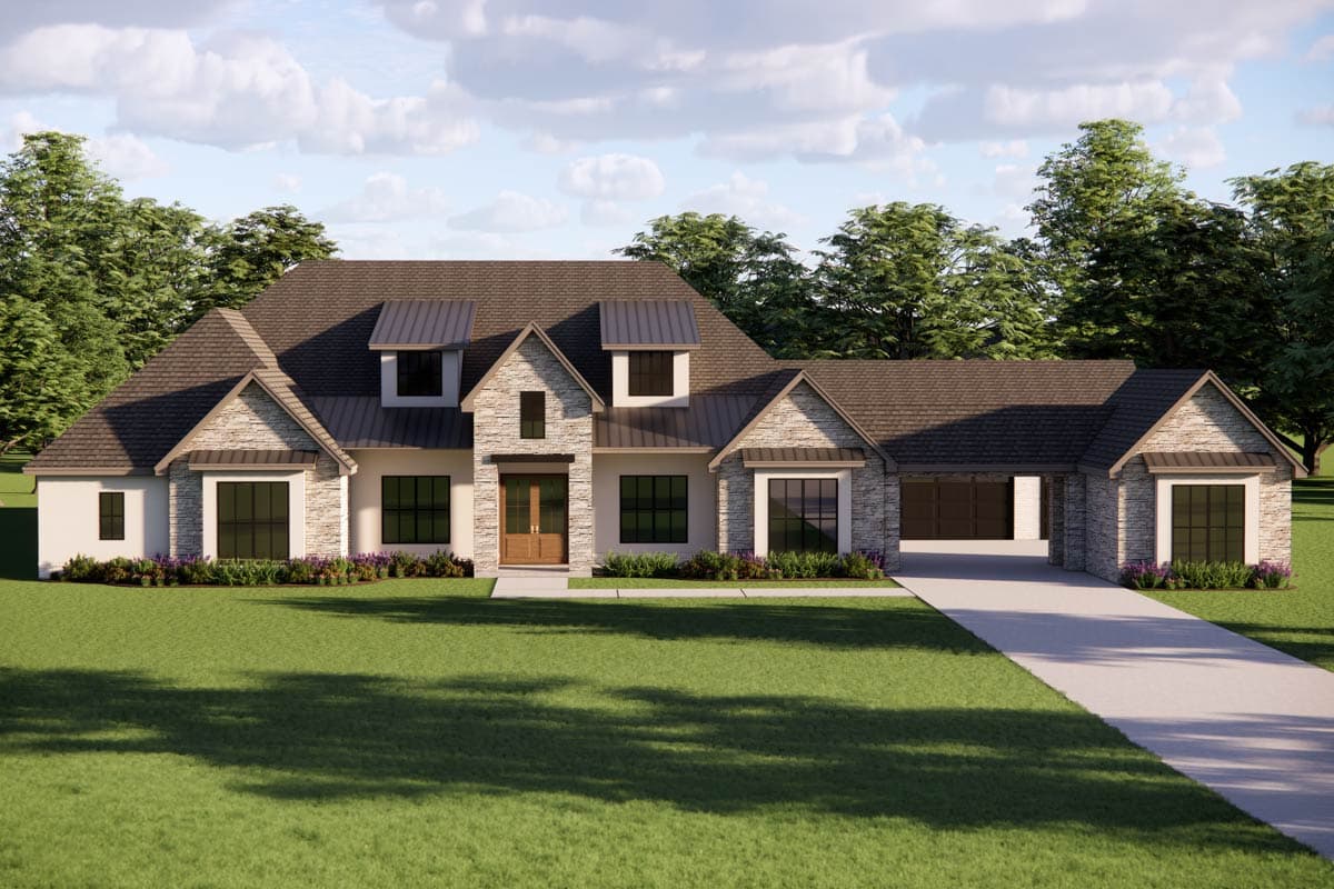 Plan 880007HLN: European Style 5-Bedroom House Plan with Attached 4-Car Garage - Image #2 - European, French Country, New American, Transitional, Tudor