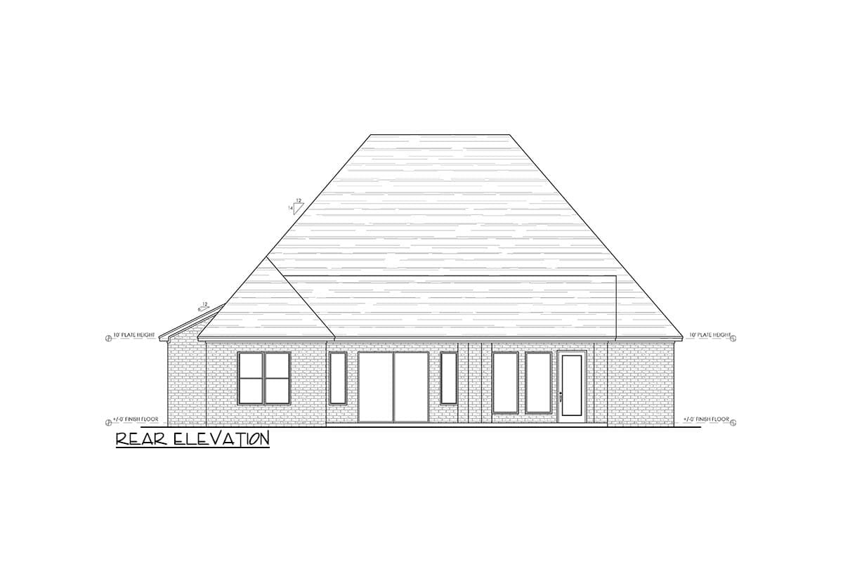 Rear elevation drawing of a house plan featuring a large gable roof, brick facade, a multi-pane window, sliding doors, and a single door.