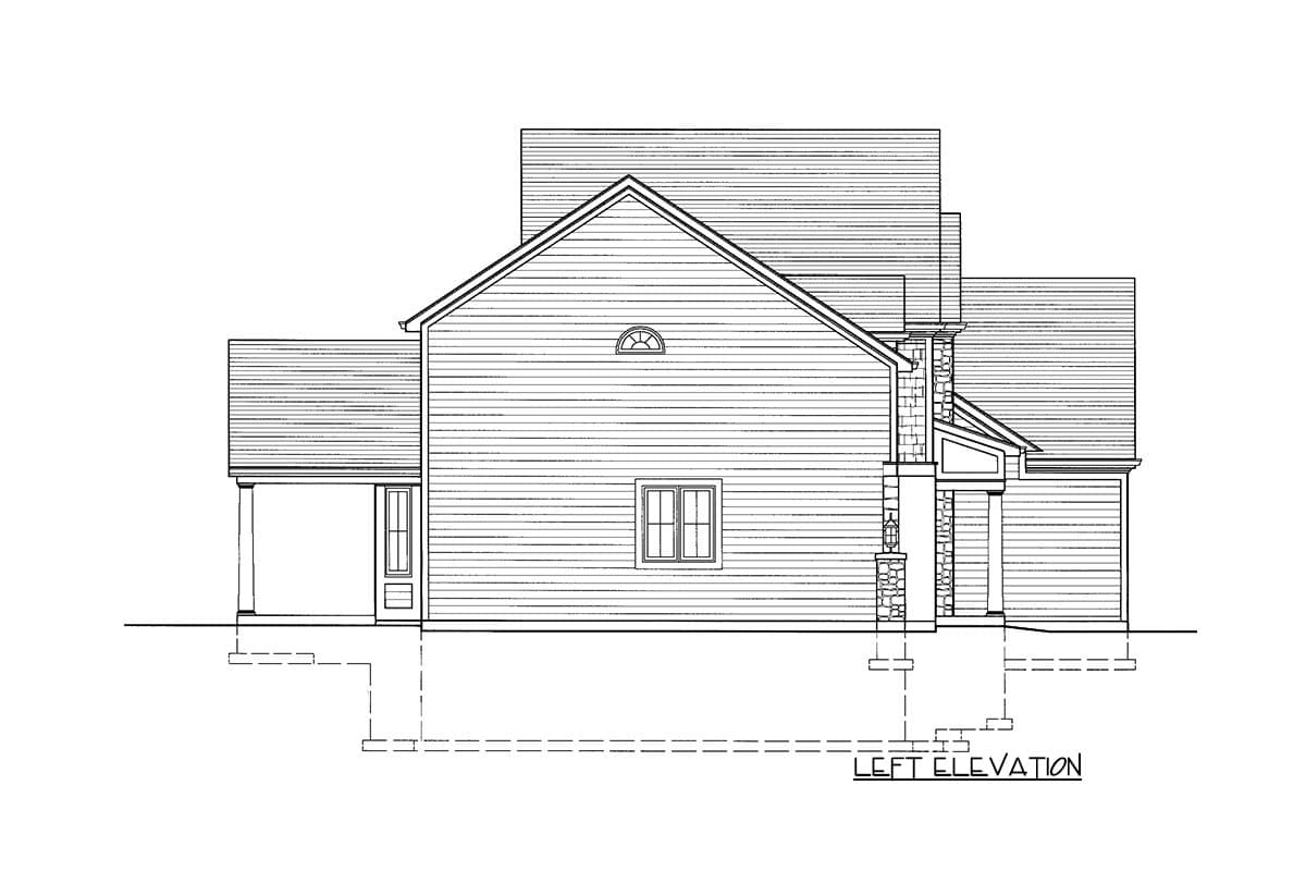 Left elevation of a house plan showing a gable roof, dormer, and stone chimney.