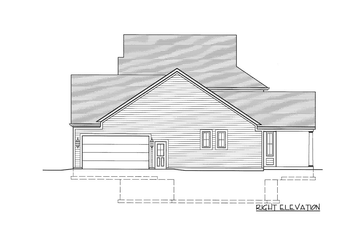 House plan right elevation drawing featuring a pitched gable roof, attached garage, and covered porch.