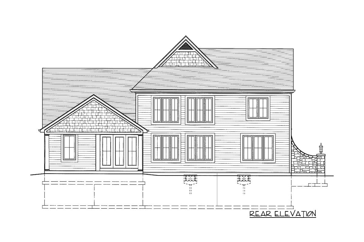 Rear elevation drawing of a two-story house plan with gabled dormer, double door entrance, and stone accent wall.